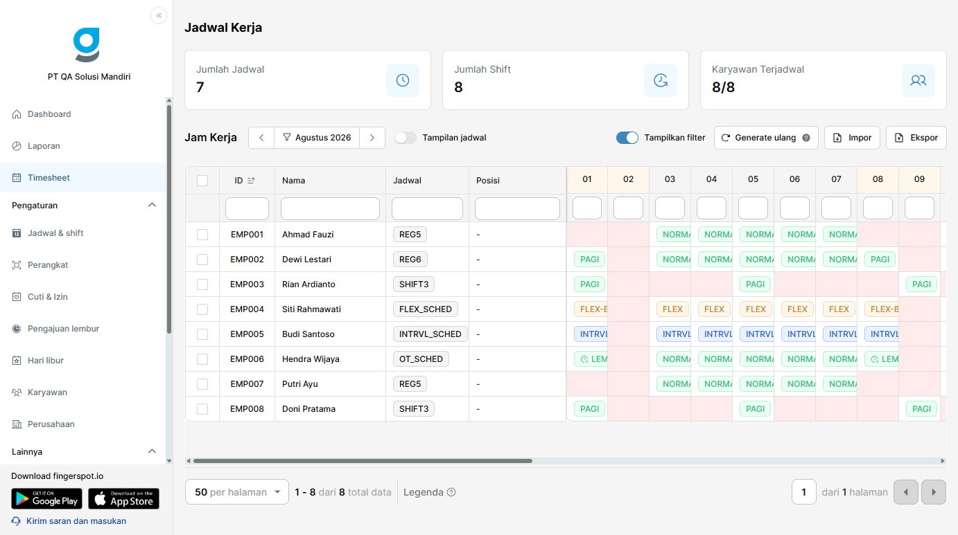 Kontrol dan Toolbar Timesheet